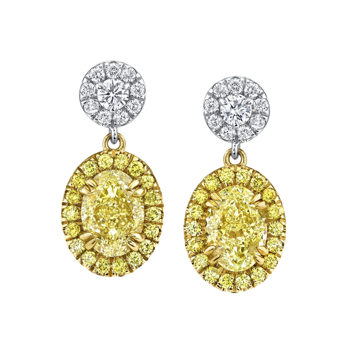 14K Two Tone Gold Yellow Diamond Halo Drop Earrings (3.18ctw)