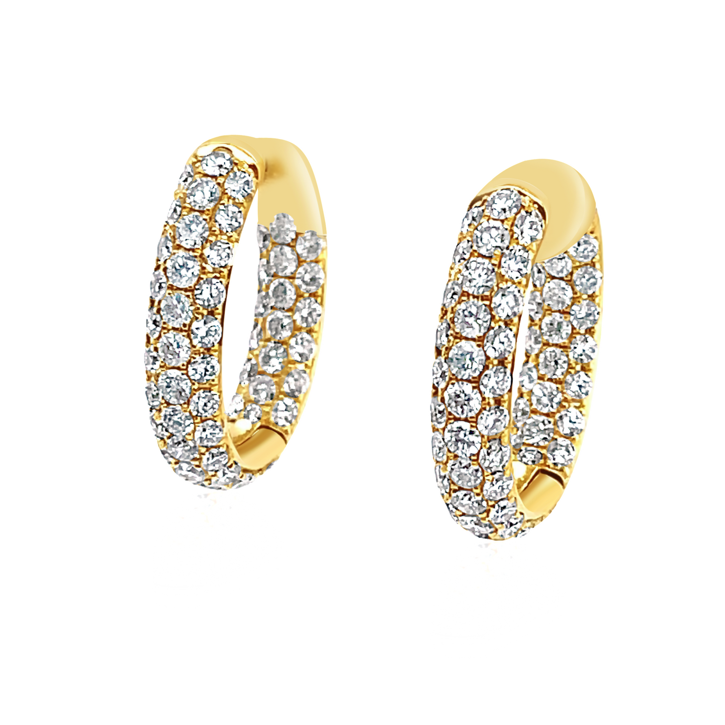 14K Yellow Gold Three Row Pave Diamond Inside-Outside Hoops (3.11ctw) 