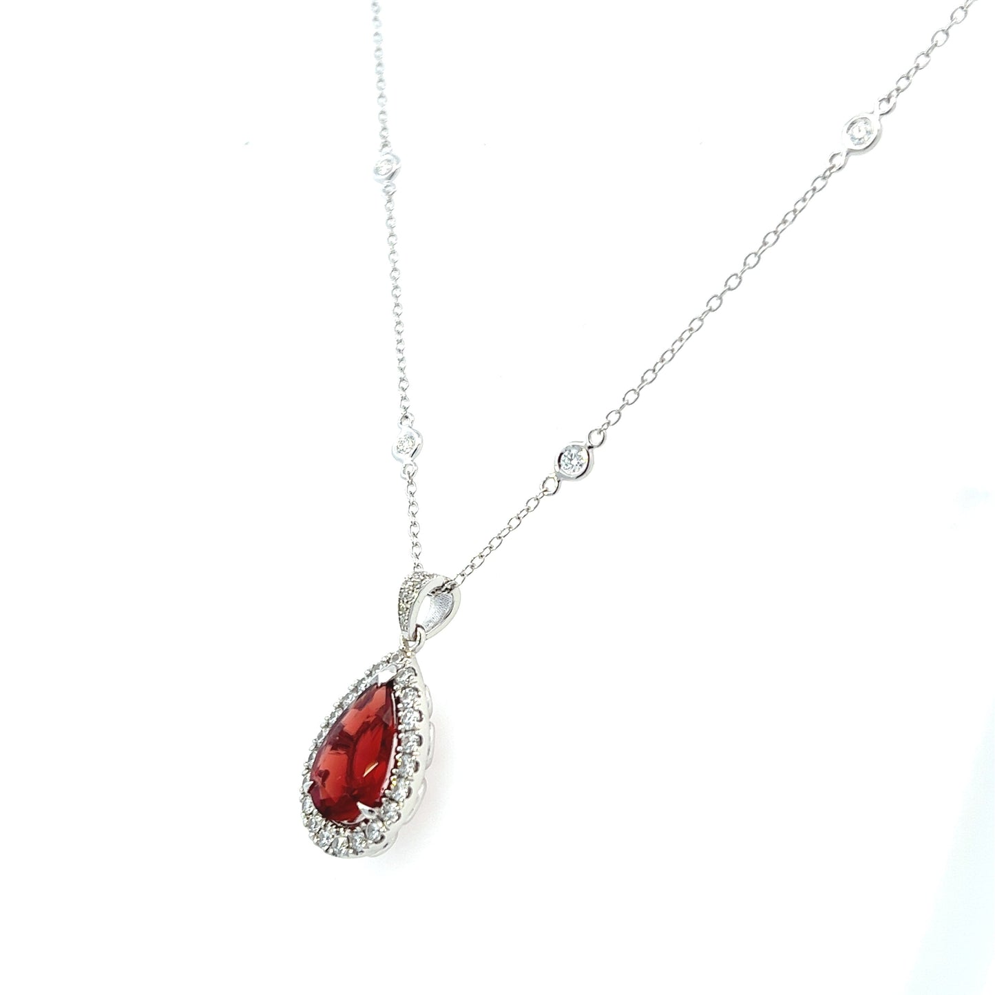 14K White Gold Pear Shape Scapolite And Diamond Halo Necklace (4.10ctw)