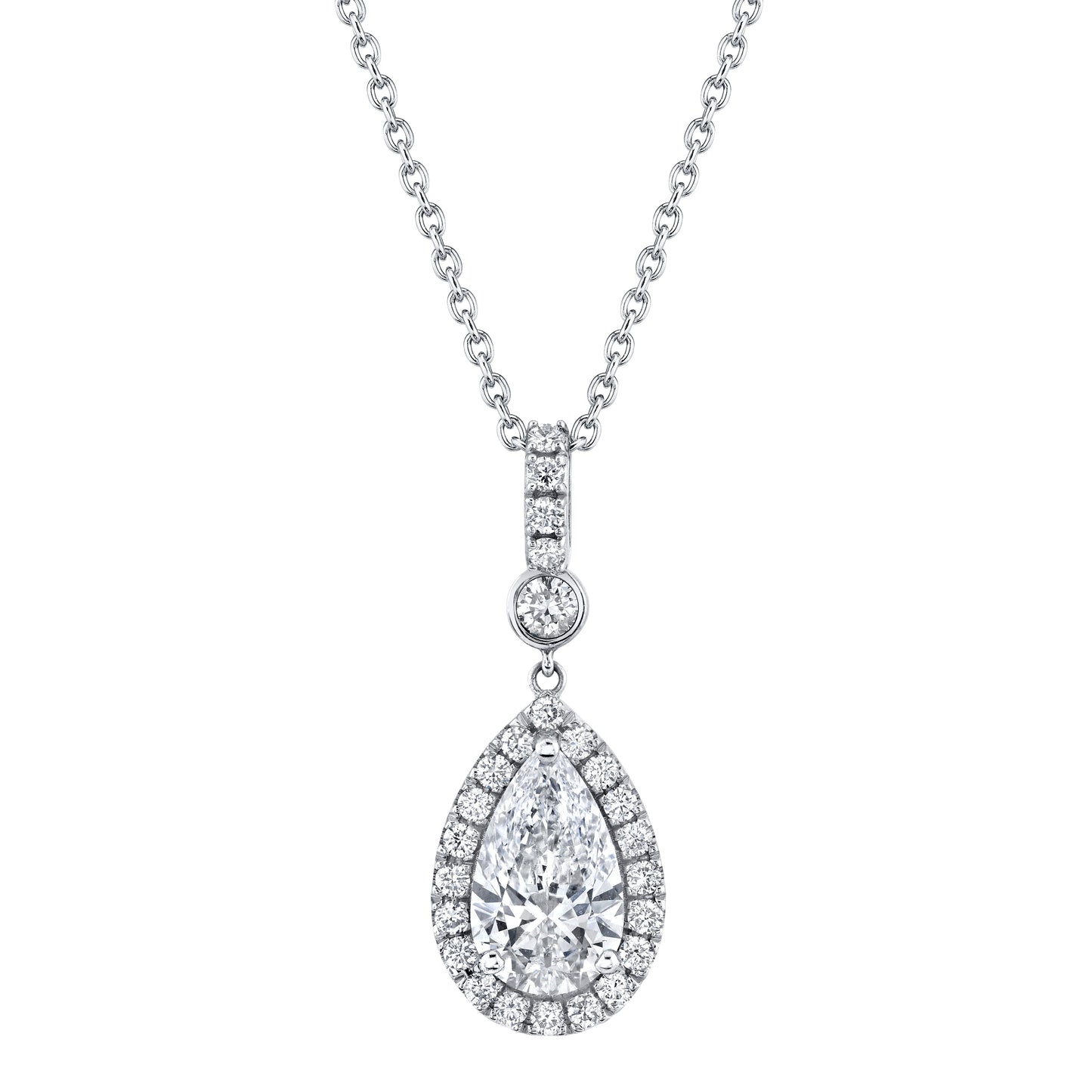 14K White Gold Pear Diamond Halo Drop Necklace (2.74ctw)