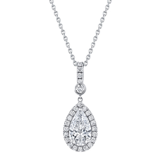 14K White Gold Pear Diamond Halo Drop Necklace (2.74ctw)