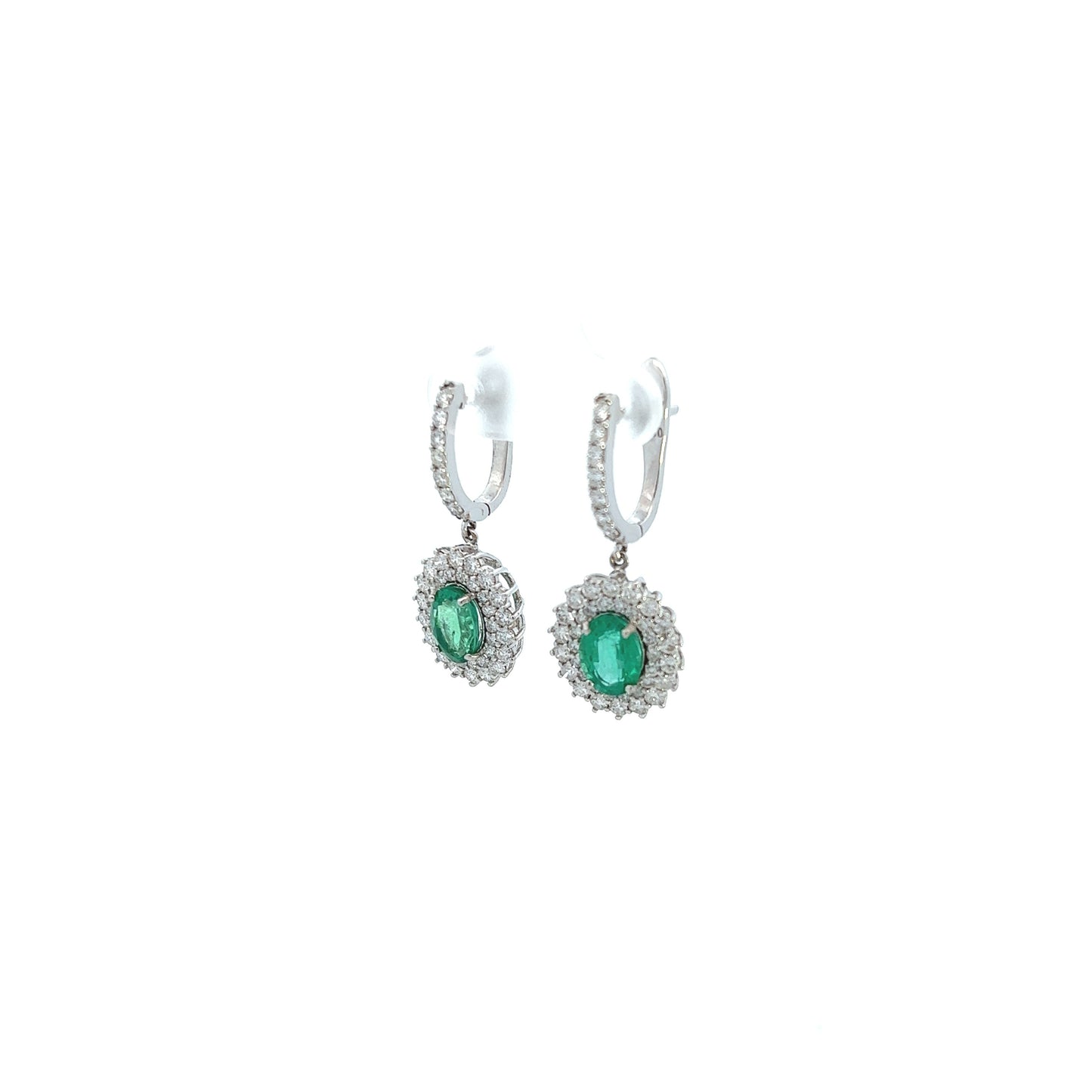 18K White Gold Emerald And Diamond Halo Dangle Earrings (4.19ctw)