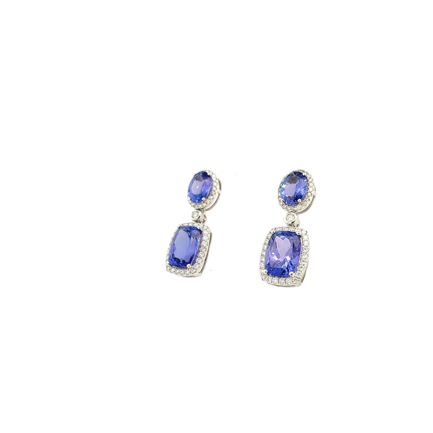 14K White Gold Oval And Cushion Cut Tanzanite Diamond Halo Drop Earrings (11.48ctw)