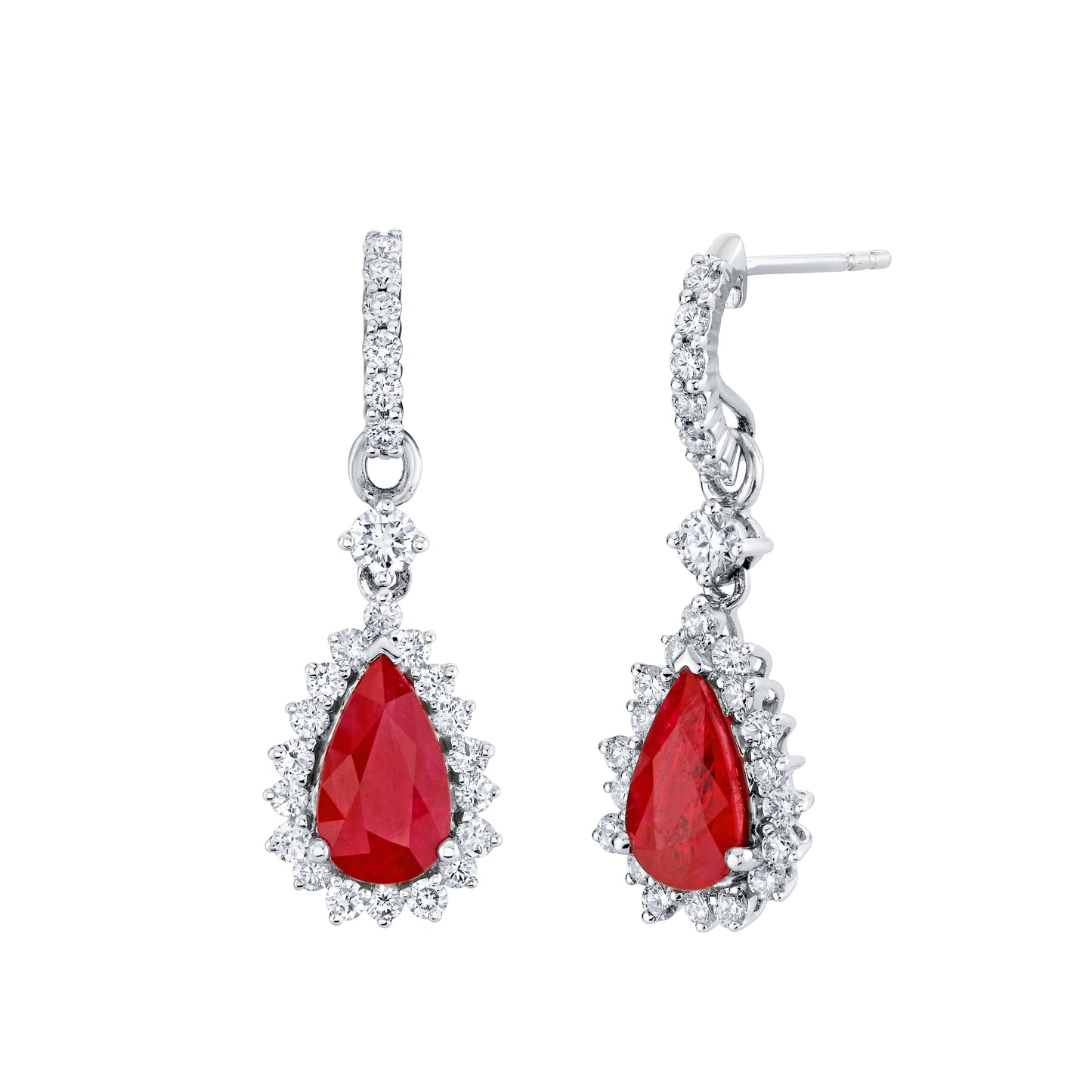18K White Gold Pear Shape Ruby Drop Halo Earrings (3.80ctw)