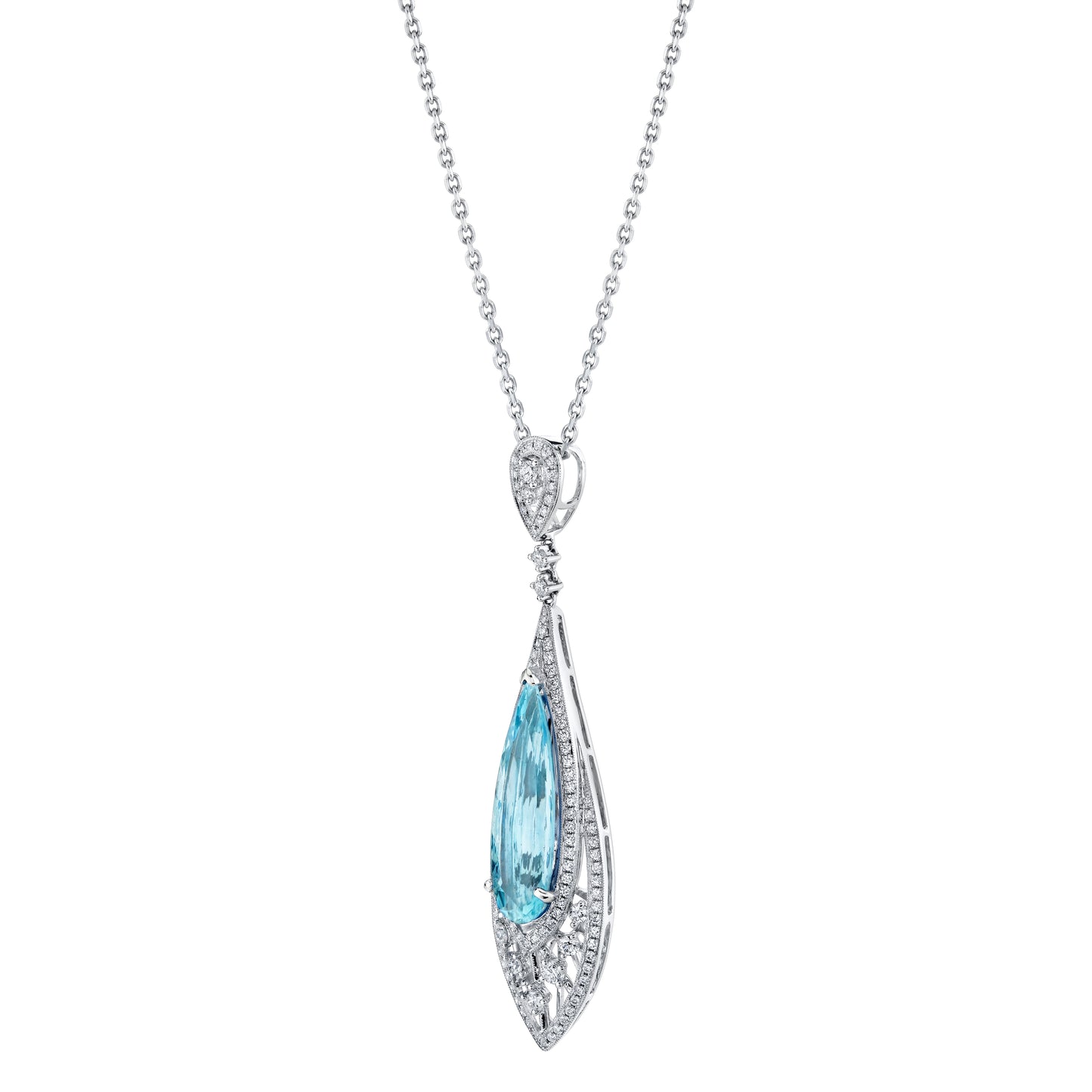 18K White Gold Pear Shape Aquamarine and Diamond Pendant