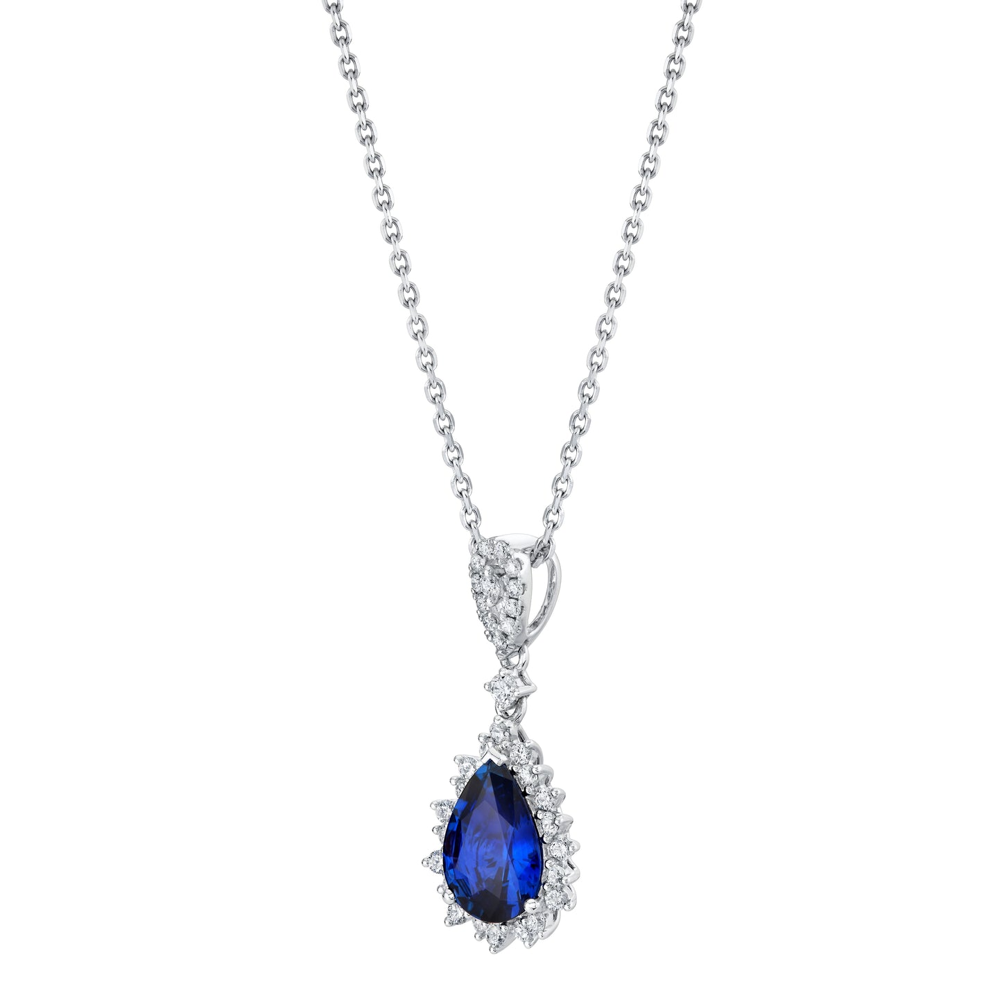 18K White Gold Pear Shape Sapphire And Diamond Halo Pendant