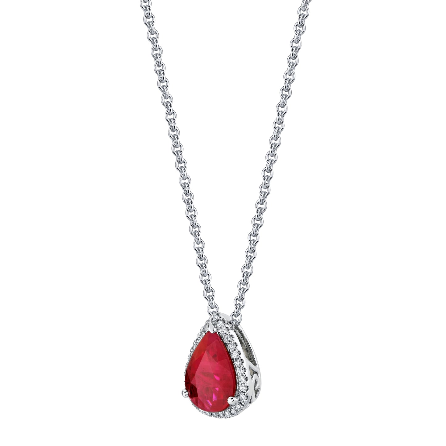 18K White Gold Pear Shape Burmese Ruby Pendant With Diamond Halo