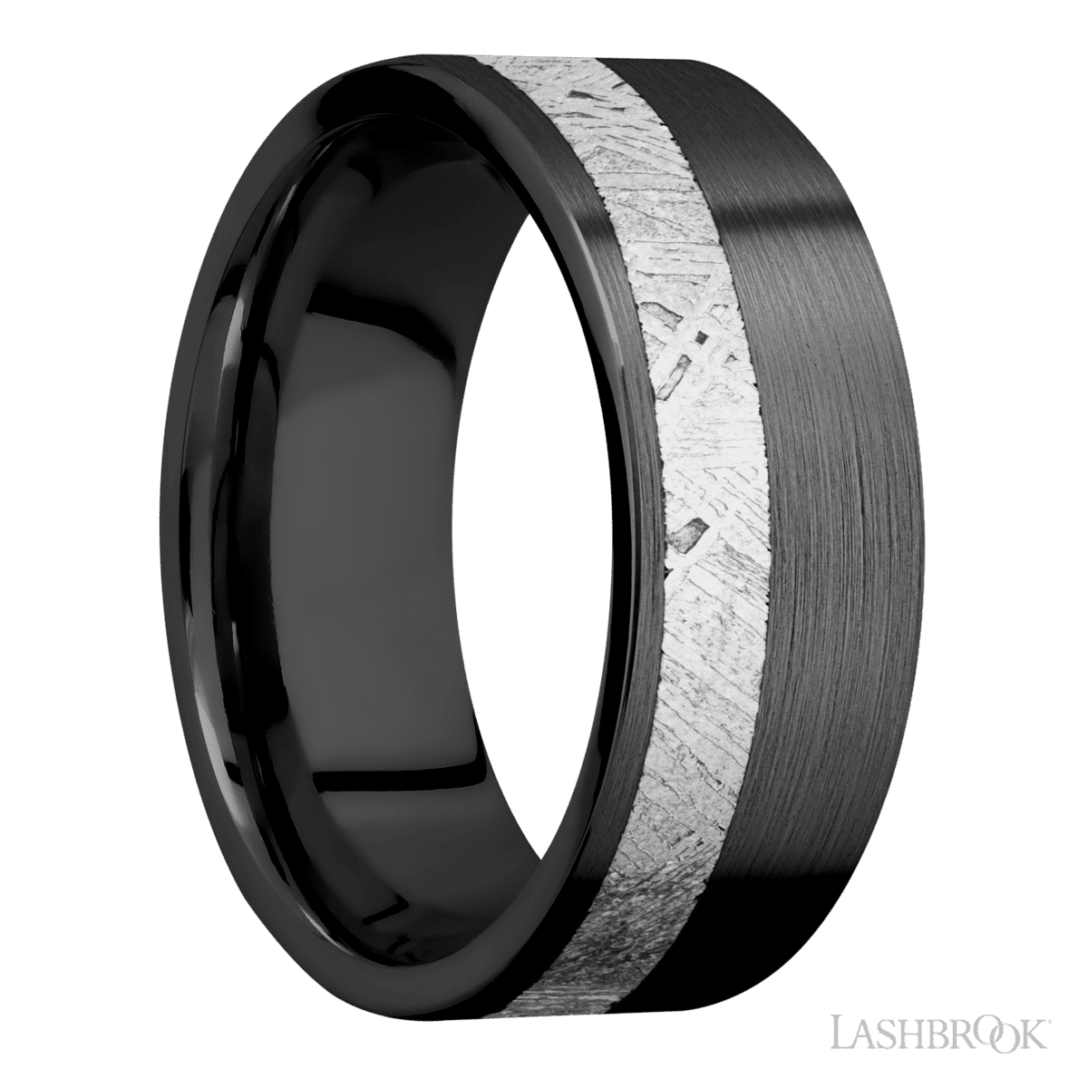 Zirconium Men's 8MM Wedding Ring With Satin Finish And Off Center Meteorite Inlay