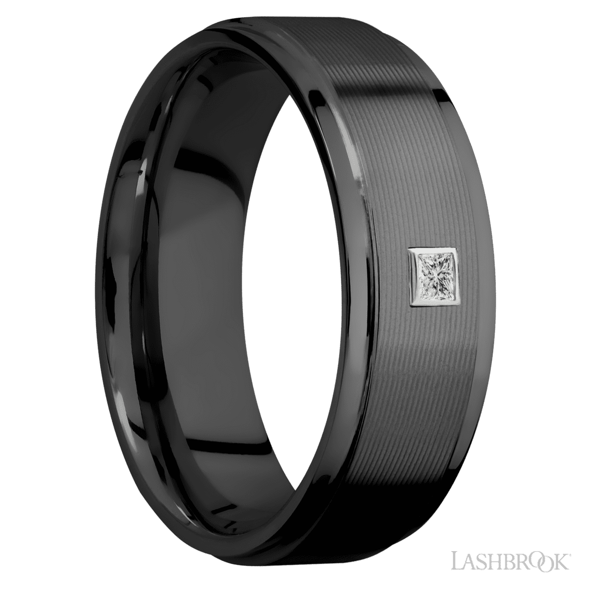 Men's 8MM Zirconium Wedding Ring with Machine Finish And Bezel Set Princess Diamond Accent (.06ctw)
