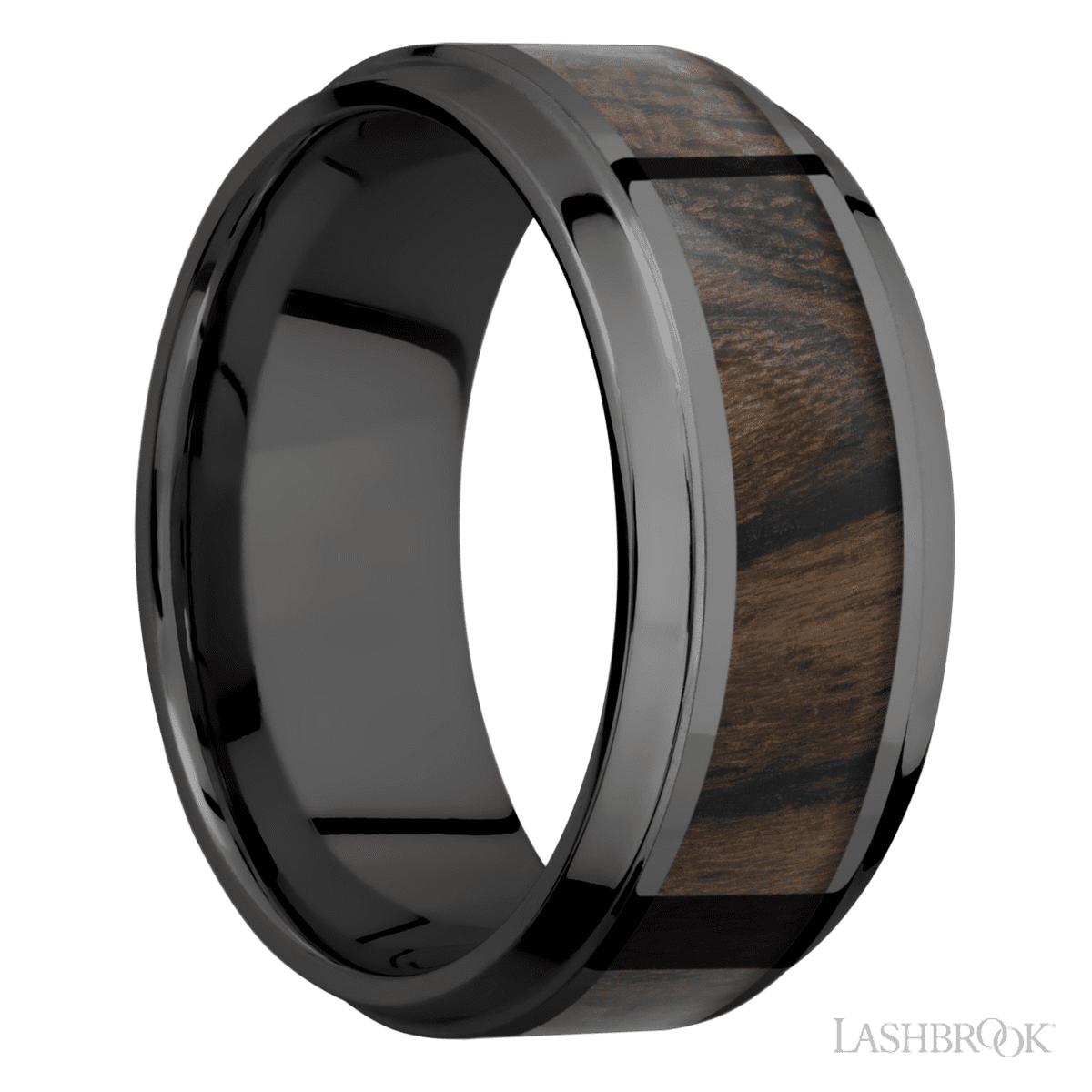 Zirconium Men's 8MM Wedding Ring with Polish Finish and Ziricote Inlay
