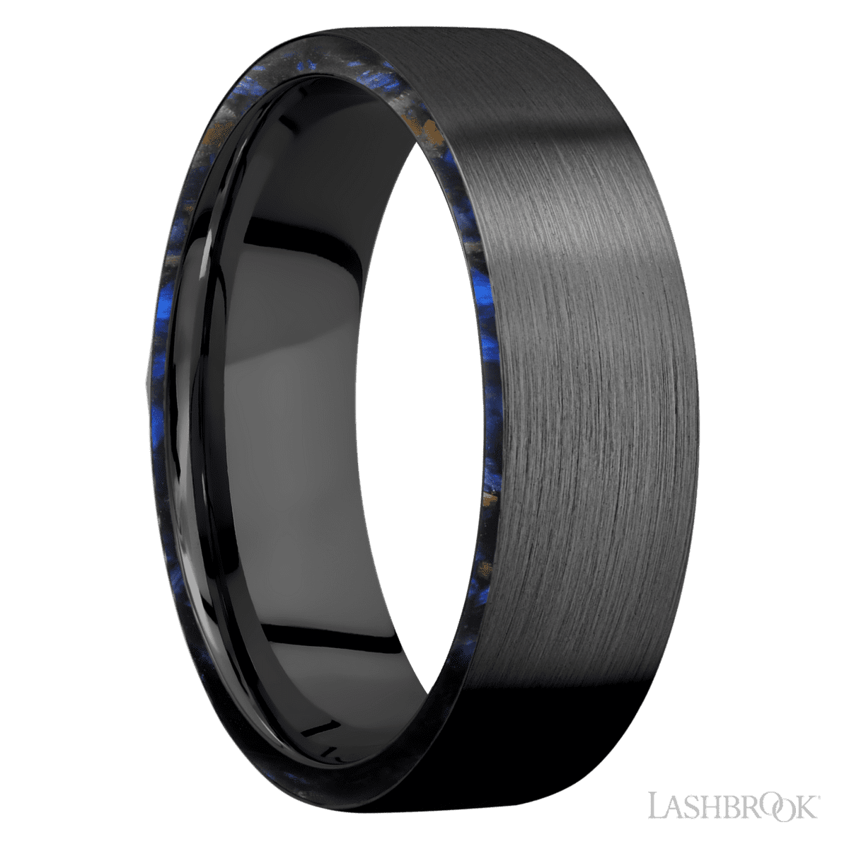 Men's 7mm Zirconium Wedding Ring with Satin Finish and Blue Tiger Eye Inlay