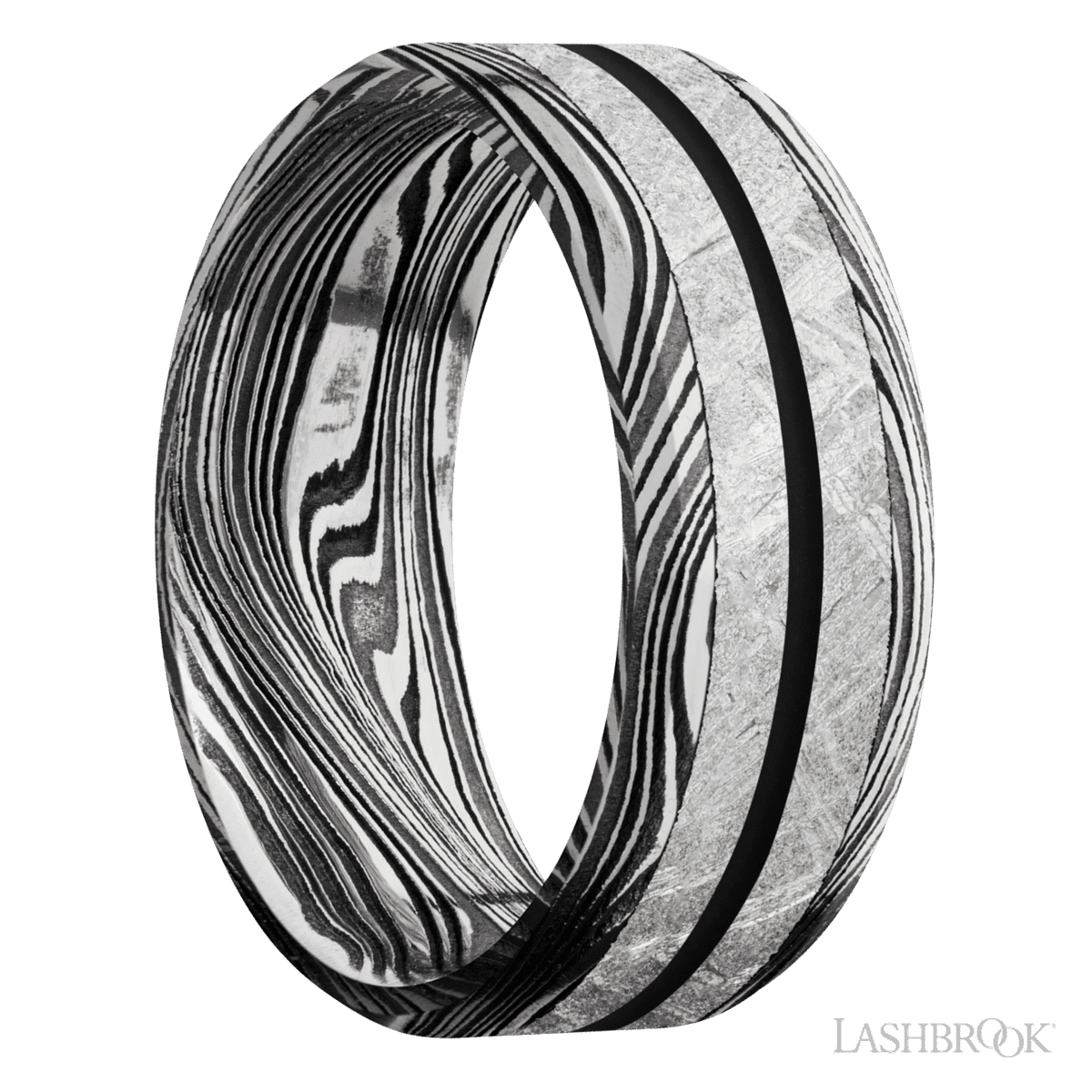 Damascus Steel Men's 8MM Wedding Ring With Meteorite Inlay