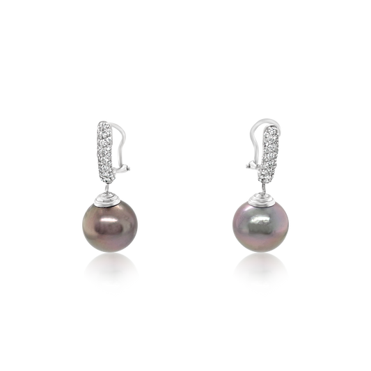18K White Gold Tahitian Pearl And Diamond Drop Earrings (.80ctw)