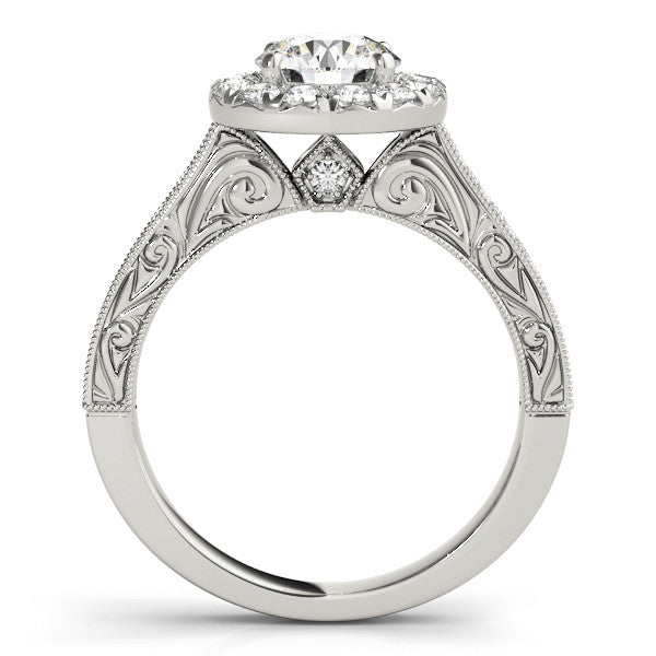 14K White Gold Round Brilliant Diamond Antique Halo Engagement Ring With Beaded Channel Set Accents (1.63ctw)