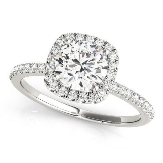 14K White Gold Round Brilliant Diamond Cushion Halo Engagement Ring With Pave Diamond Shank (1.25ctw)