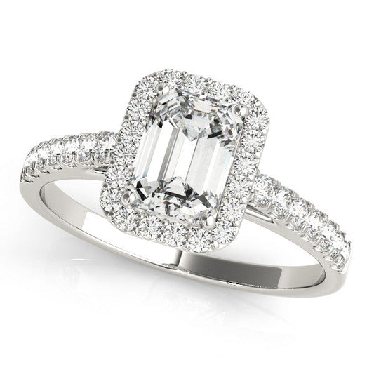 14K White Gold Emerald Cut Diamond Halo Engagement Ring With Pave Accent Diamonds (1.36ctw)