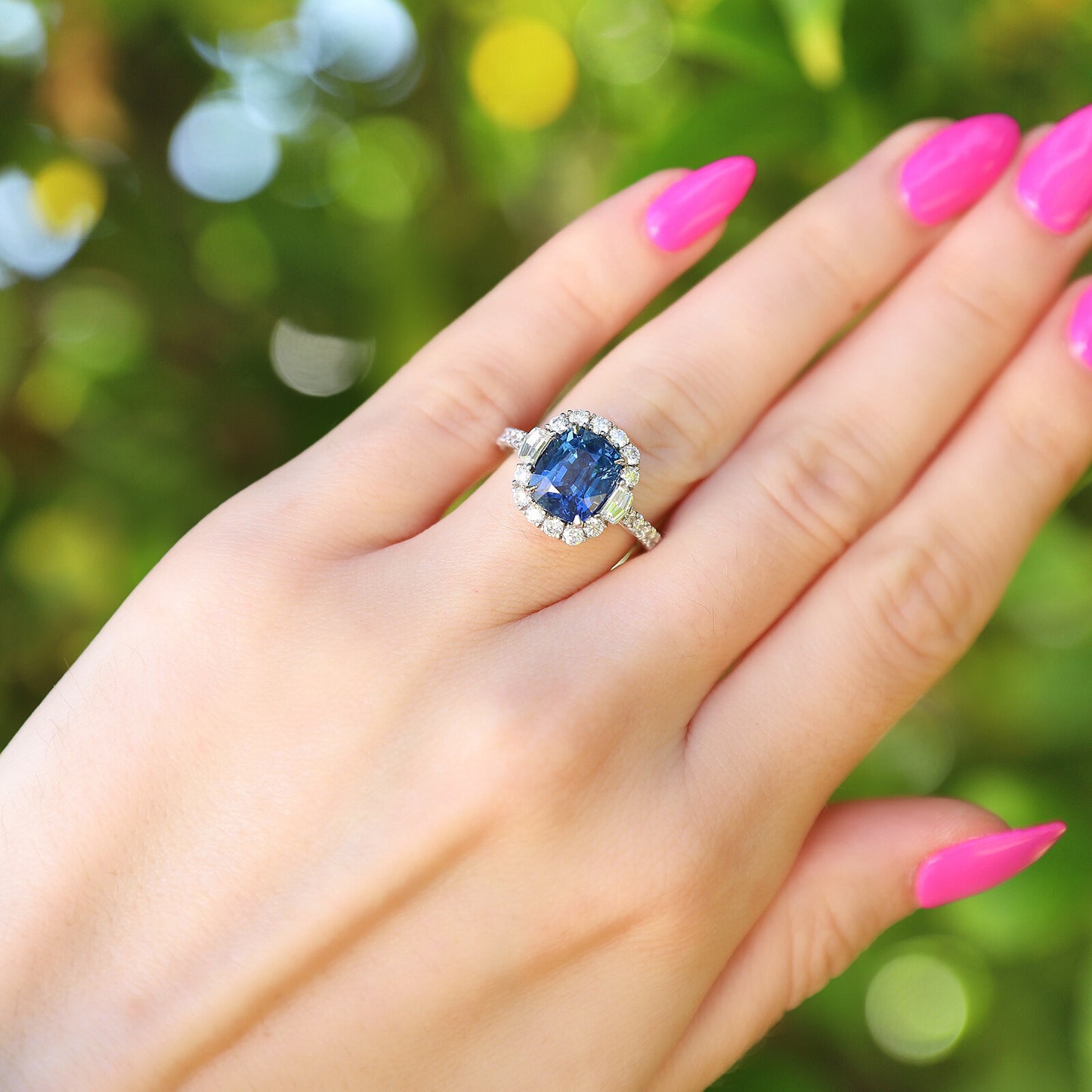 Platinum Cushion Cut Blue Sapphire Halo Ring