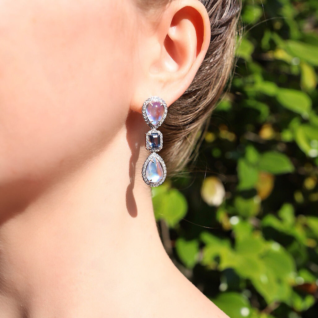 18K White Gold Moon Stone and Sapphire Drop Earrings