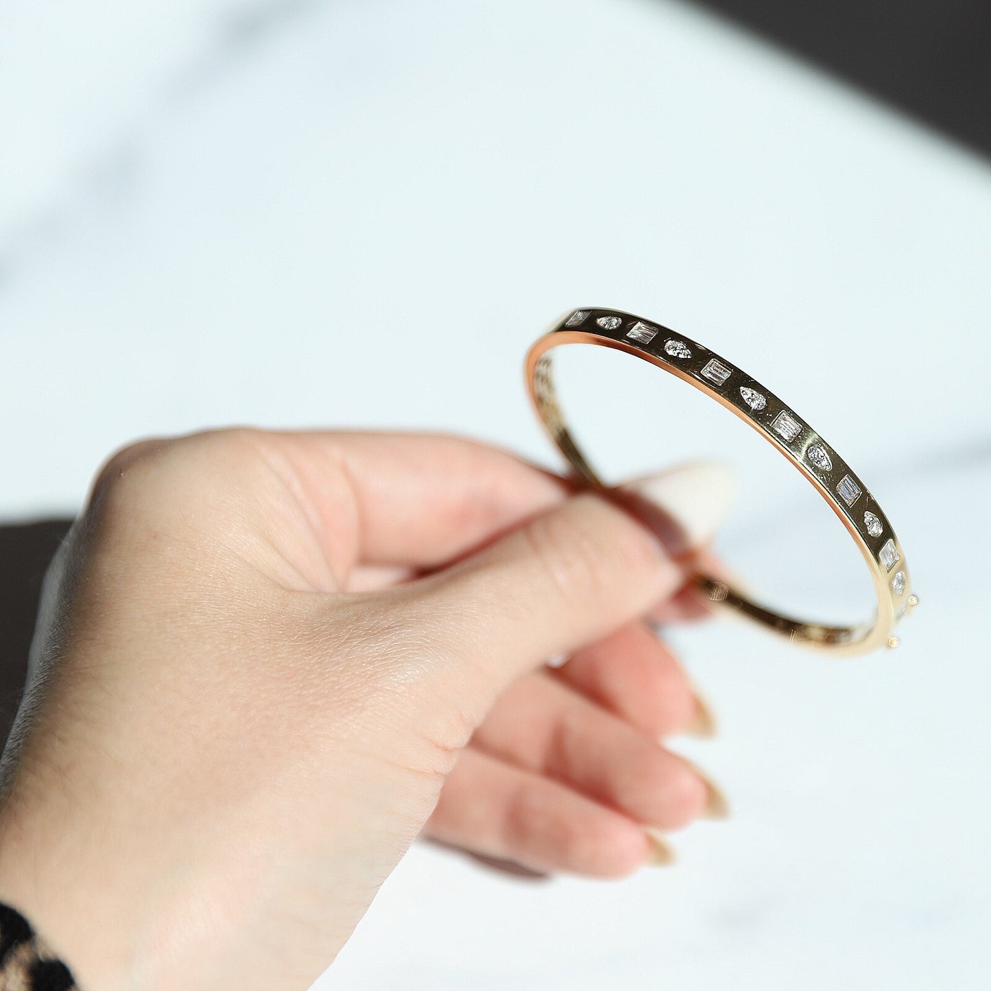 14K Yellow Gold Bangle With Mixed Shape Flush Set Diamonds (.52ctw)