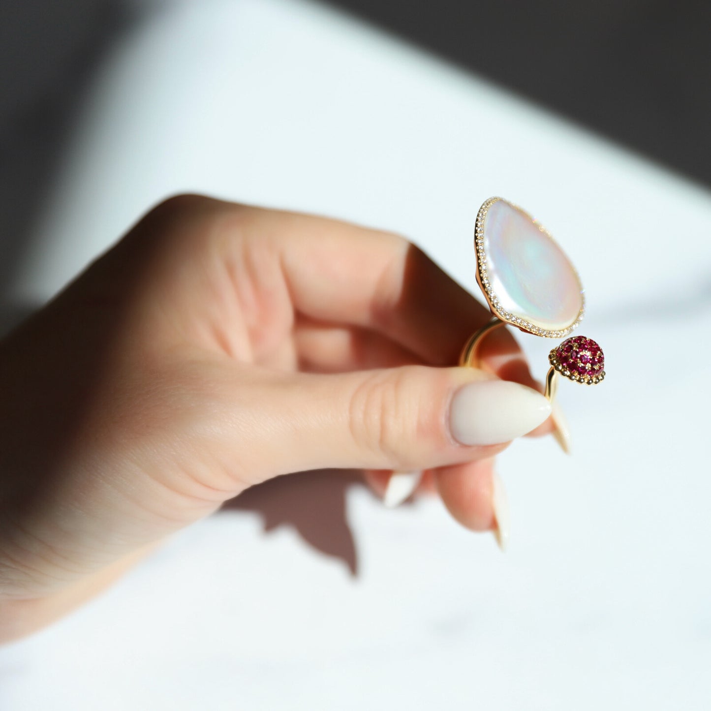 18K Yellow Gold Pearl and Ruby Fashion Ring
