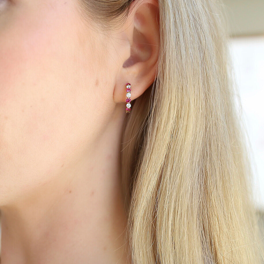 14K Yellow Gold Ruby & Sapphire Huggie Hoop Earrings (1.12ctw)