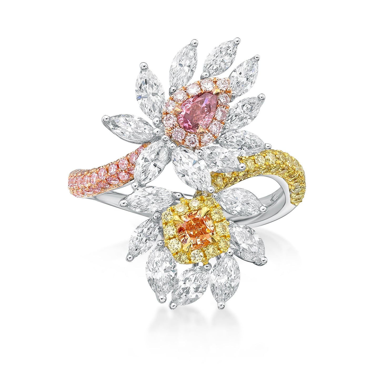 18K White Gold Pink And Yellow Diamond Fashion Bypass Ring (2.93ctw)