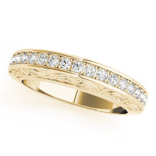 14K Yellow Gold Round Brilliant Diamond Beaded Channel Wedding Ring With Engraving Details (.06ctw)