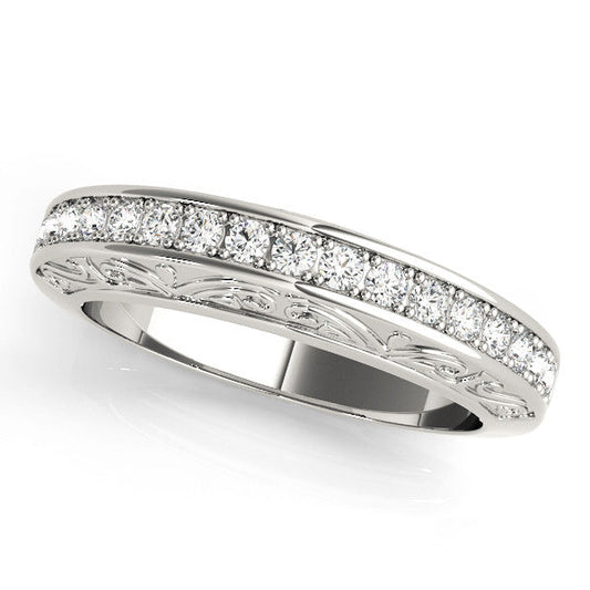 14K White Gold Round Brilliant Diamond Beaded Channel Wedding Ring With Engraving Details (.06ctw)