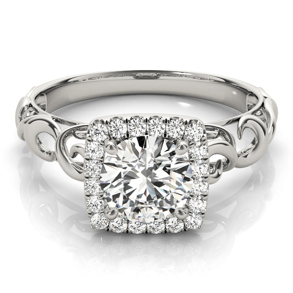 14K White Gold Round Brilliant Diamond Halo Engagement Ring With Scalloped Shank (1.15ctw)