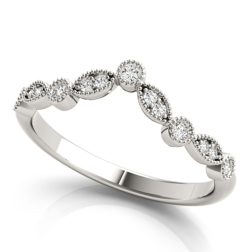 14K White Gold Round Brilliant Diamond Scalloped Curved Wedding Ring (.15ctw)