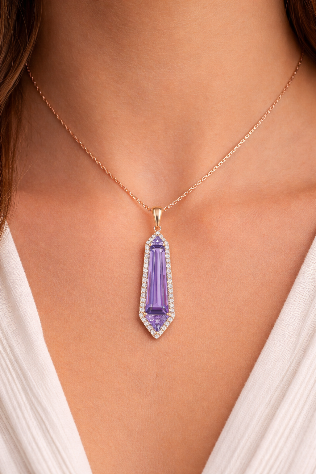 14K Rose Gold Amethyst And Diamond Halo Pendant