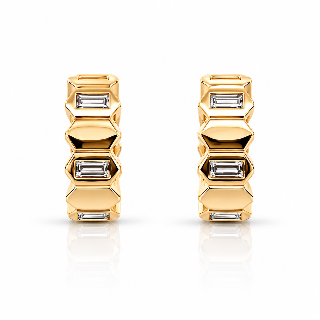 Yellow Gold Huggie Earrings With Baguette Diamonds