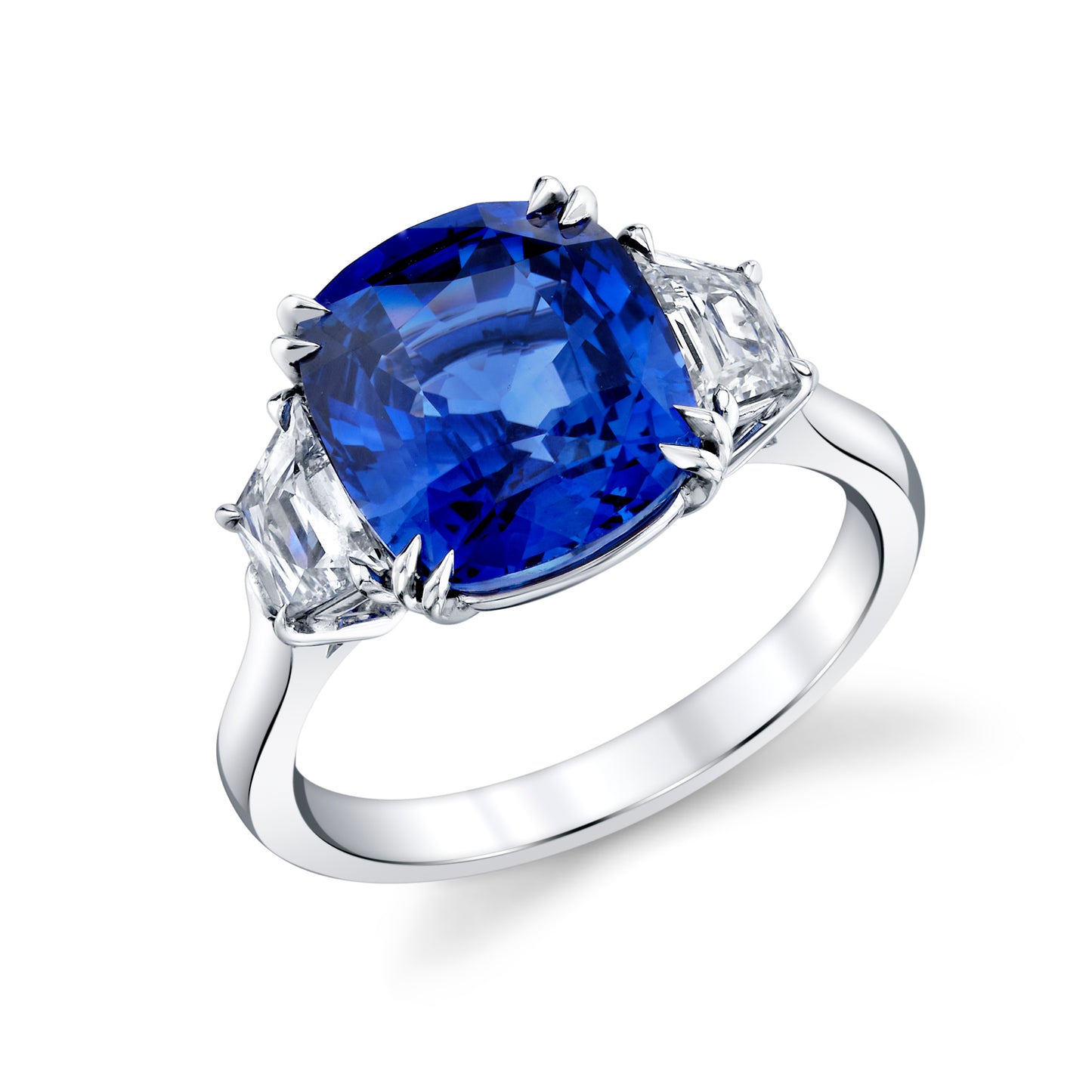 Platinum Cushion Sapphire & Trapezoid Diamond Ring (7.03ctw)