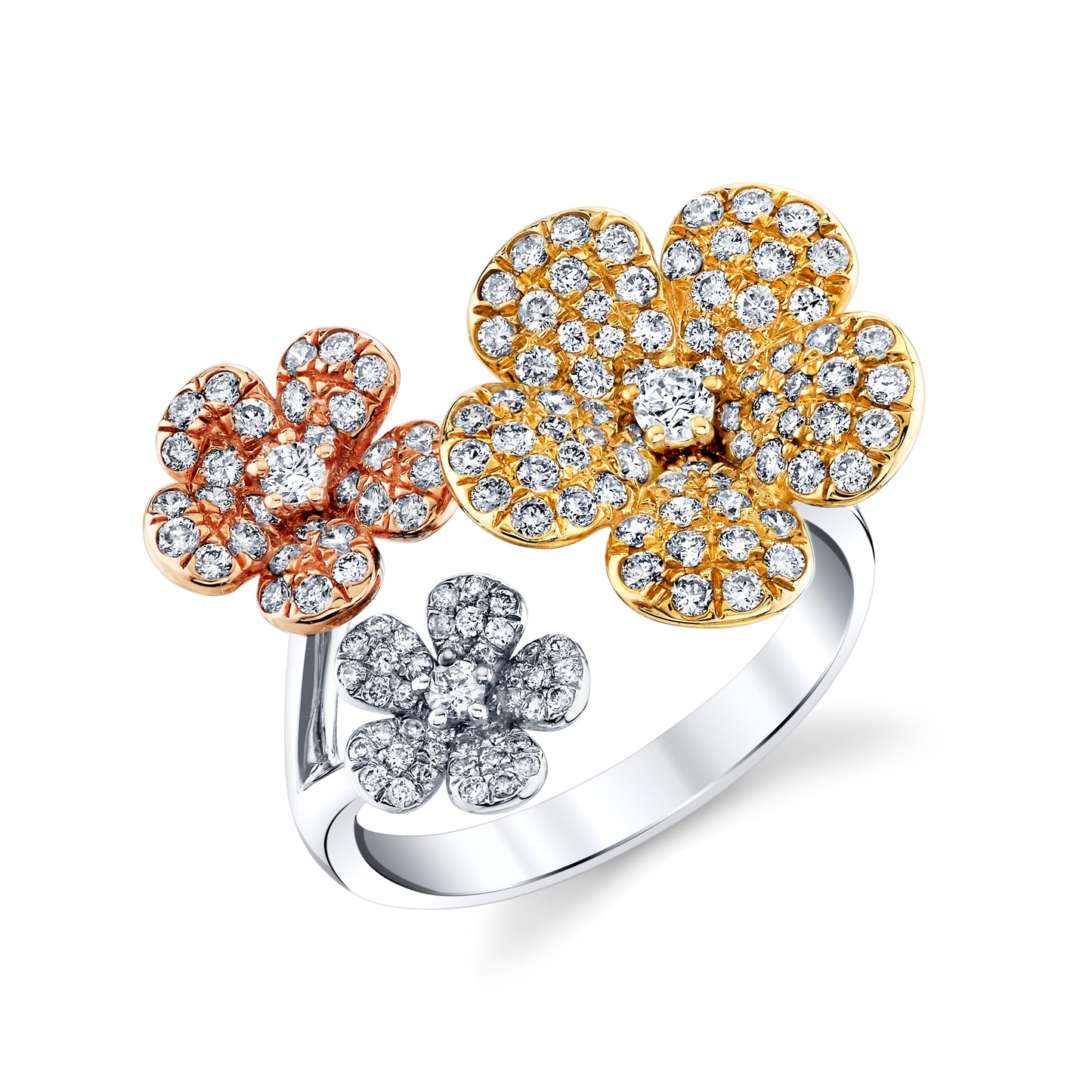 14K Yellow, White, And Rose Gold Pave Diamond Flower Ring
