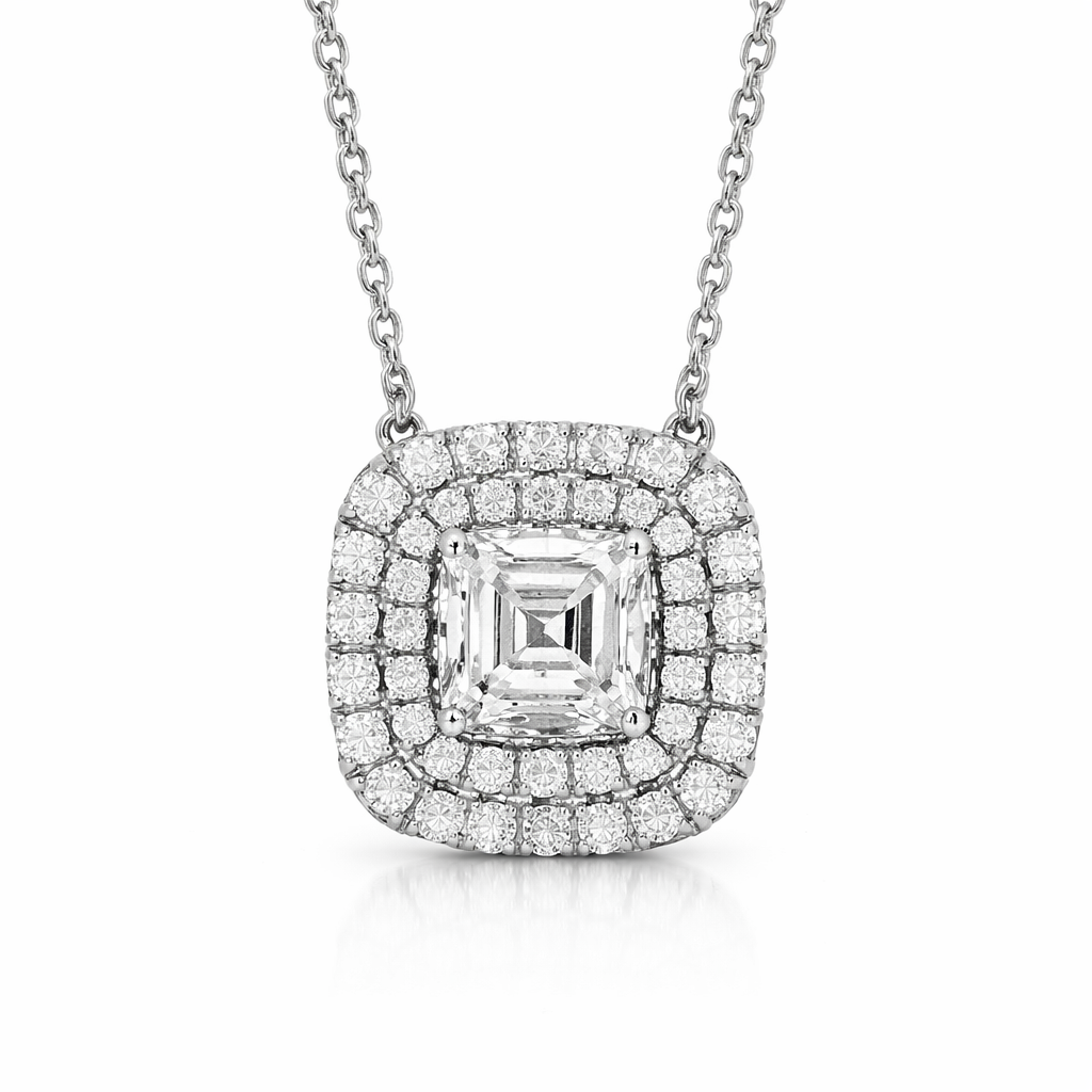 White Gold Asscher Cut Diamond Halo Necklace