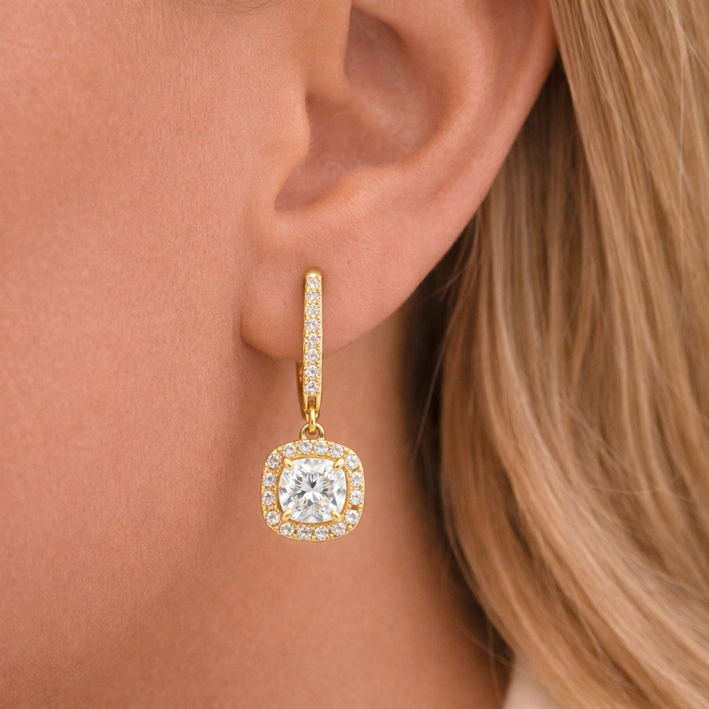 Yellow Gold Cushion Cut Halo Dangle Earrings