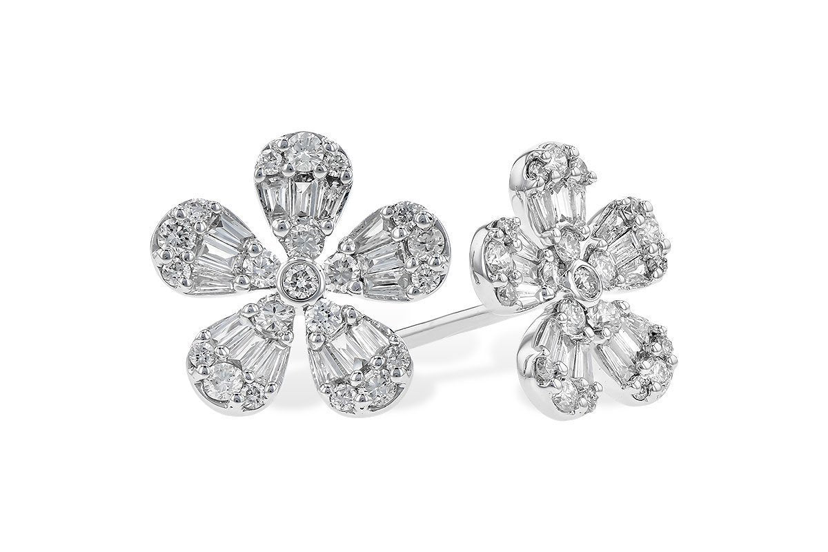 14K White Gold Baguette And Round Diamond Flower Studs (.50ctw)