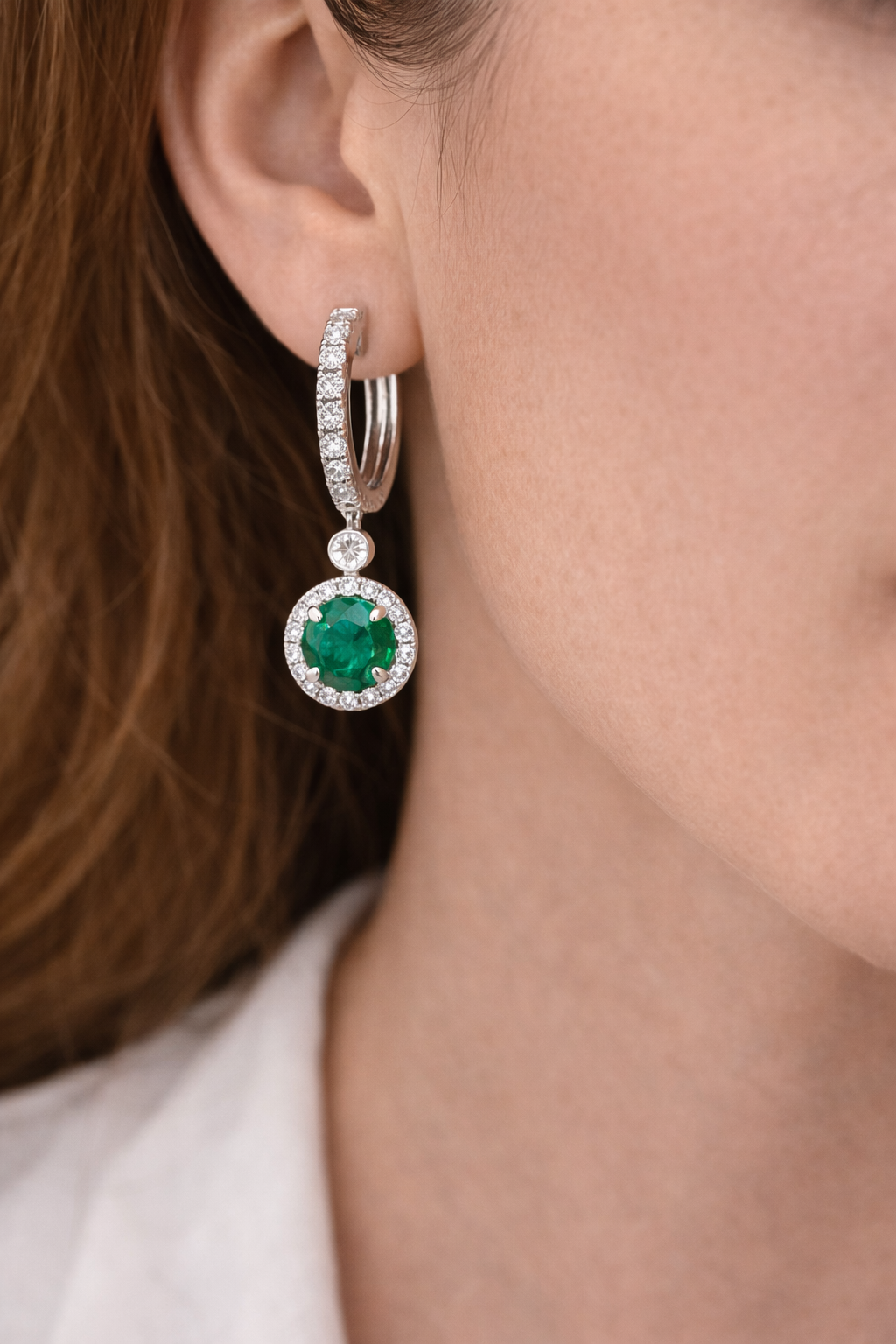 White Gold Emerald and Diamond Halo Drop Earrings