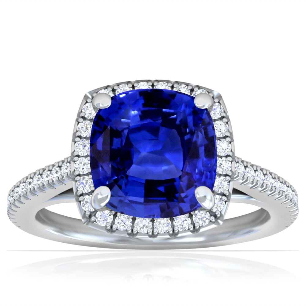 Platinum Cushion Cut Sapphire Diamond Halo Ring (2.14ctw)