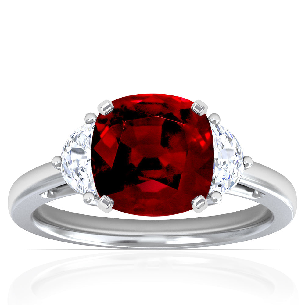 Platinum Cushion Cut Ruby With Half Moon Side Diamonds (1.70ctw)