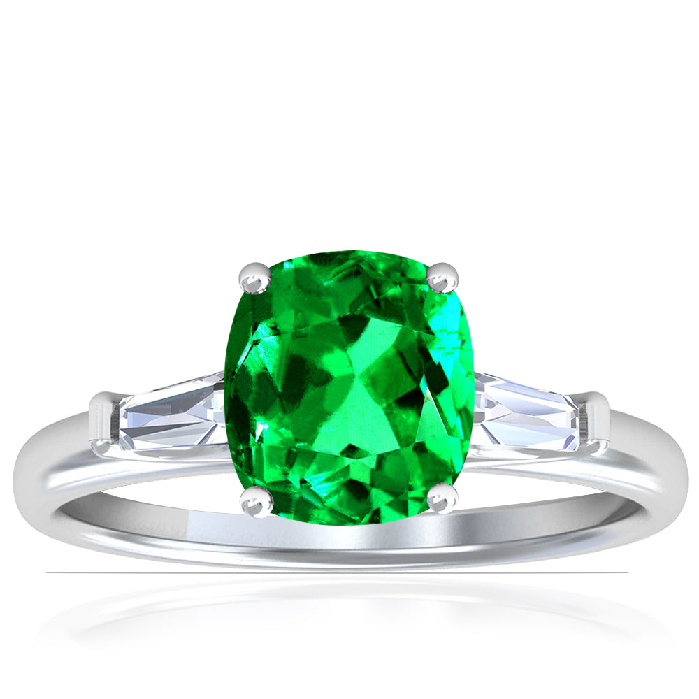 Platinum Cushion Cut Emerald And Diamond Baguette Ring (1.90ctw)