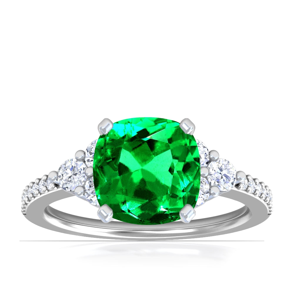 Platinum Cushion Cut Emerald And Diamond Cluster Ring (1.75ctw)