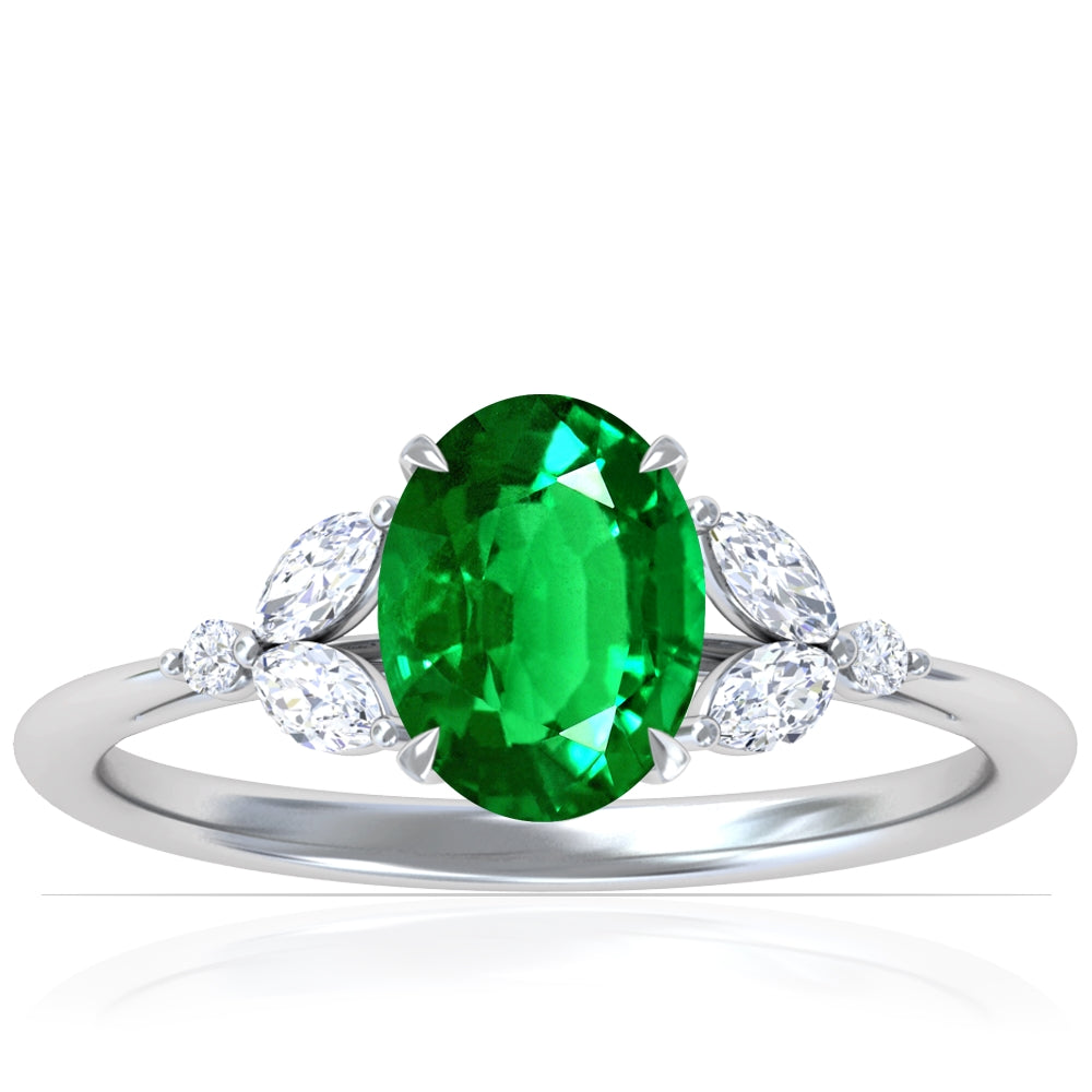 Platinum Oval Emerald And Diamond Floral Inspired Ring (2.18ctw)