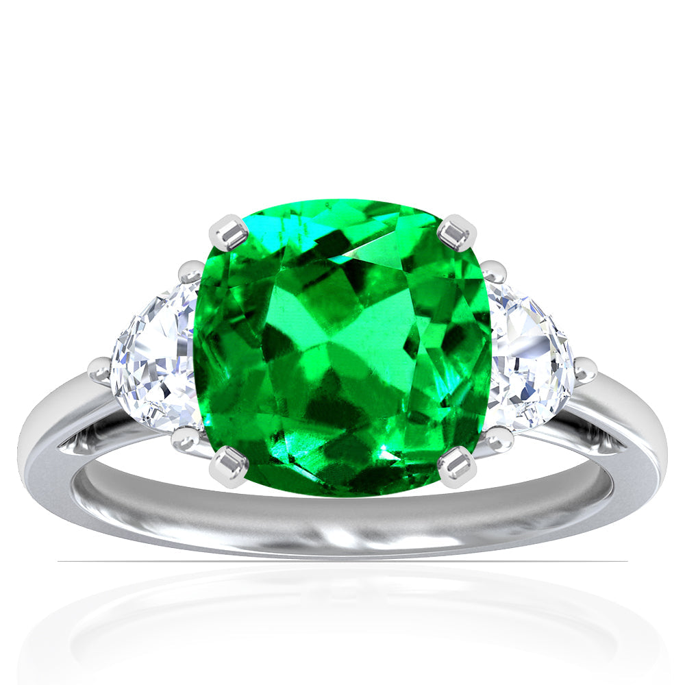Platinum Cushion Cut Emerald With Half Moon Side Diamond Ring