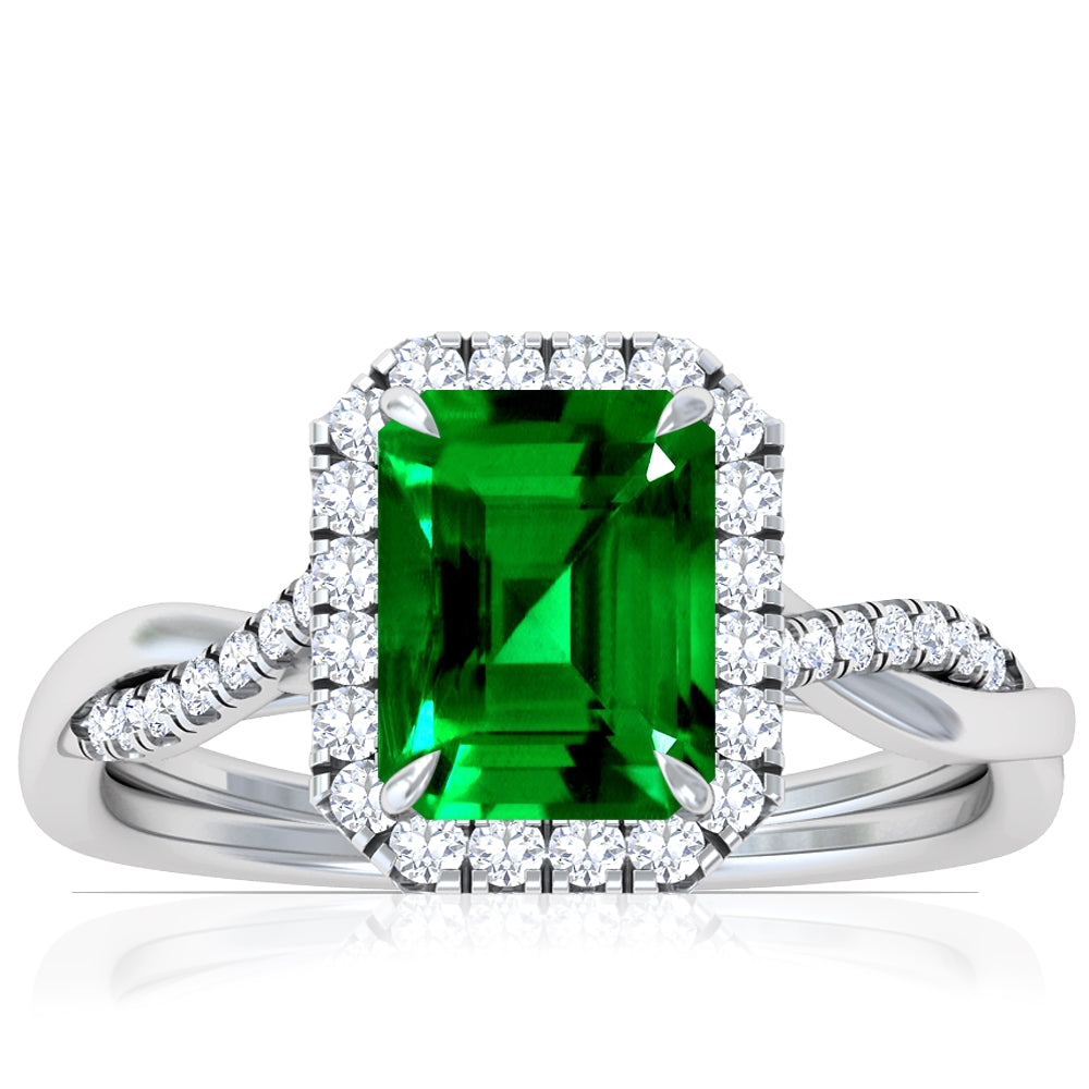 Platinum Emerald Cut Emerald And Diamond Twisted Halo Ring (1.90ctw)