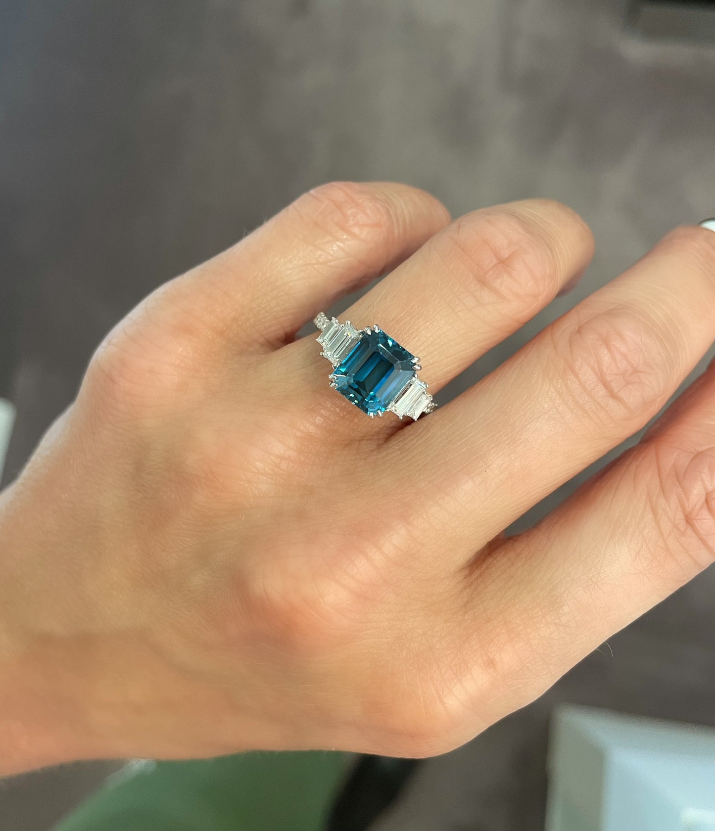 14K White Gold Emerald Cut Blue Zircon Ring (6.42ctw)