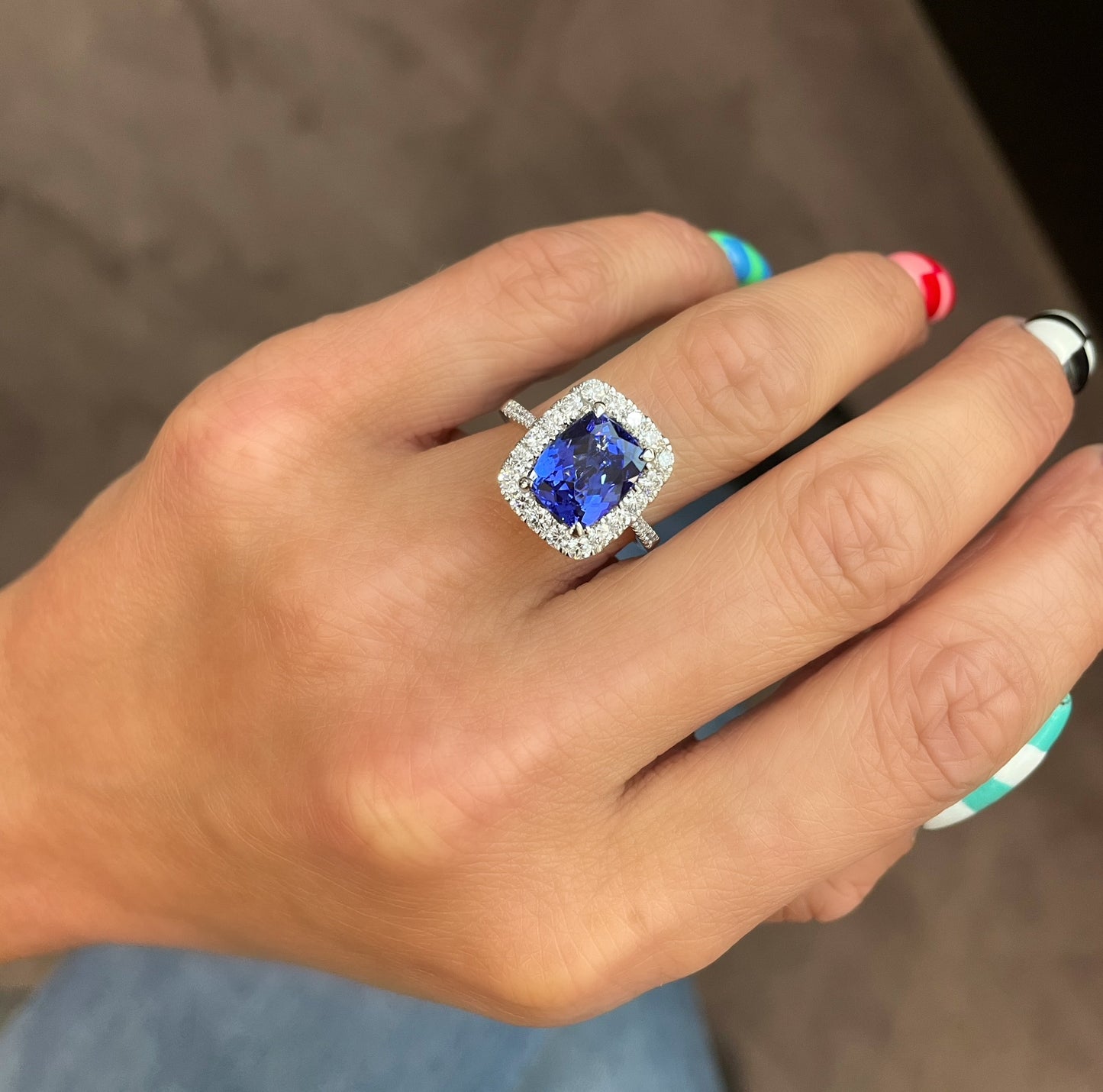 14K White Gold Cushion Cut Tanzanite Halo Ring (3.95ctw)