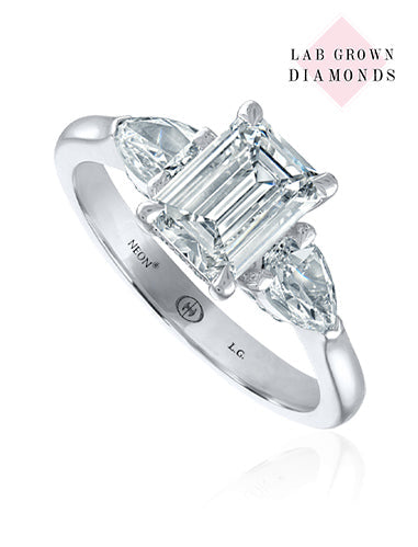 14K White Gold Crisscut Lab-Grown Emerald Cut Diamond Engagement Ring With Pear Shape Side Diamonds (1.44ctw)