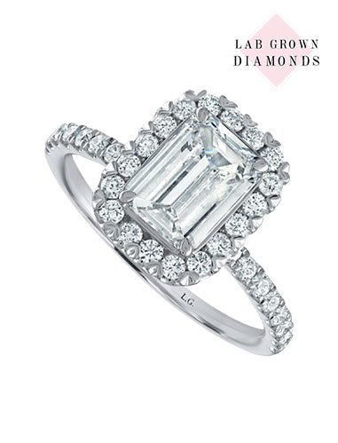 14K White Gold Crisscut Lab-Grown Emerald Cut Diamond Halo Engagement Ring With Pave Shank (1.71ctw)