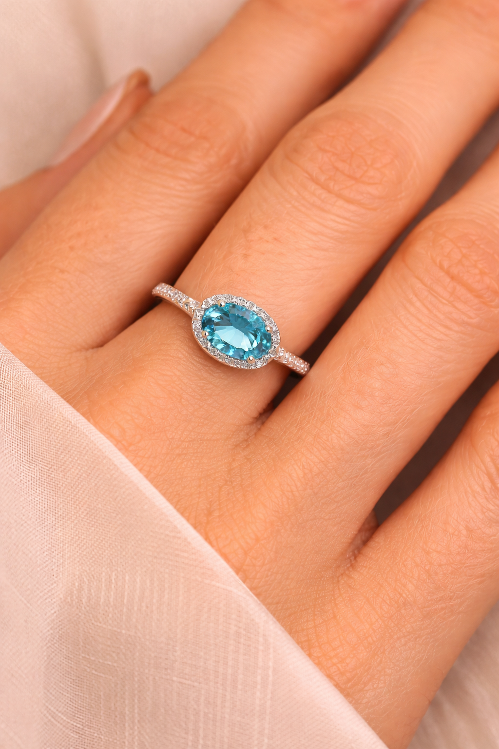White Gold Oval Fantasy Cut Swiss Blue Topaz Halo Ring